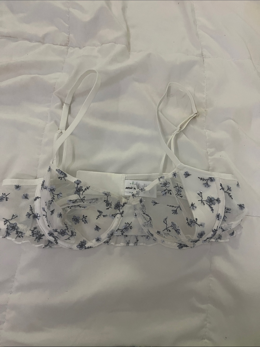 Aerie 34B White Sheer Underwire Bra with Blue Floral Embroidery